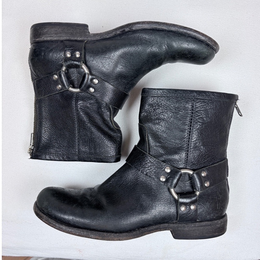 Frye Phillip O Ring Harness Womens Black Ankle Boot 7.5B 76871 Bikercore Moto